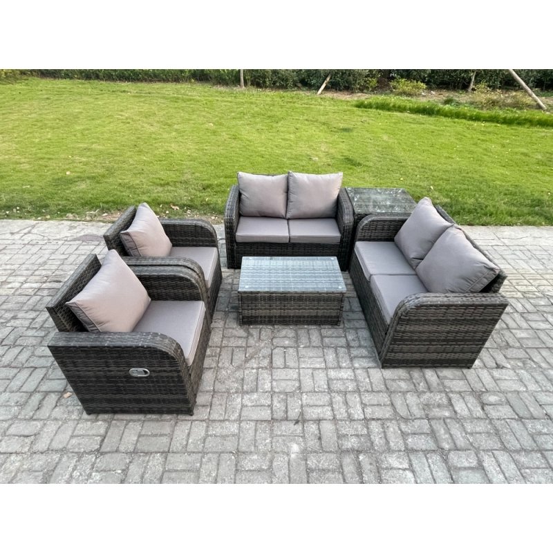 Fimous Rattan Garden Furniture Set 6 Seater Patio Outdoor Lounge Sofa Set with 2 Reclining Chairs Rectangular Coffee Table Side Table Dark Grey Mixed