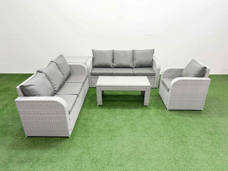 Fimous 7 Seater Poly Rattan Outdoor Garden Furniture Oblong Coffee Table Sofa Set Patio 3 Seater Sofa Reclining Chair 3 Seater Sofa Side Table Light Grey