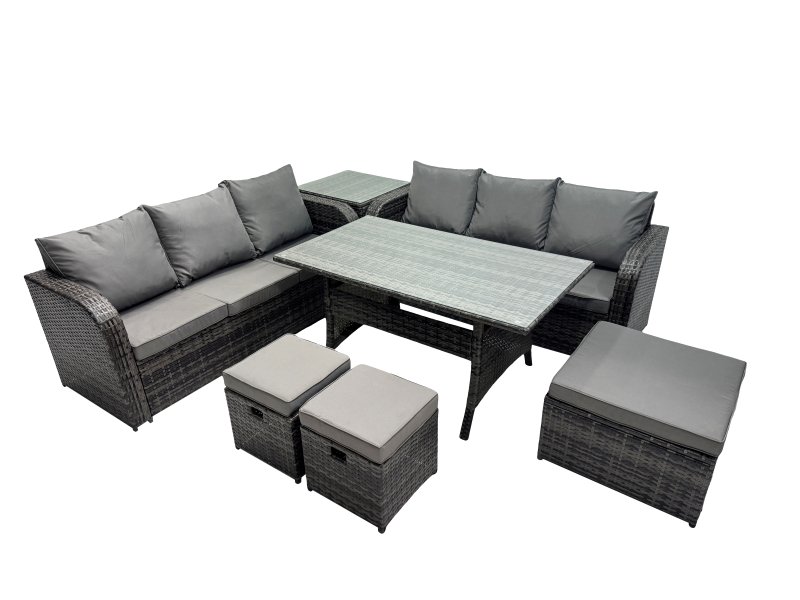 Fimous 9 Seat Outdoor Wicker PE Rattan Garden Furniture Set Dining Table Sofa Set with Side Table 3 Stools Dark Grey Mixed