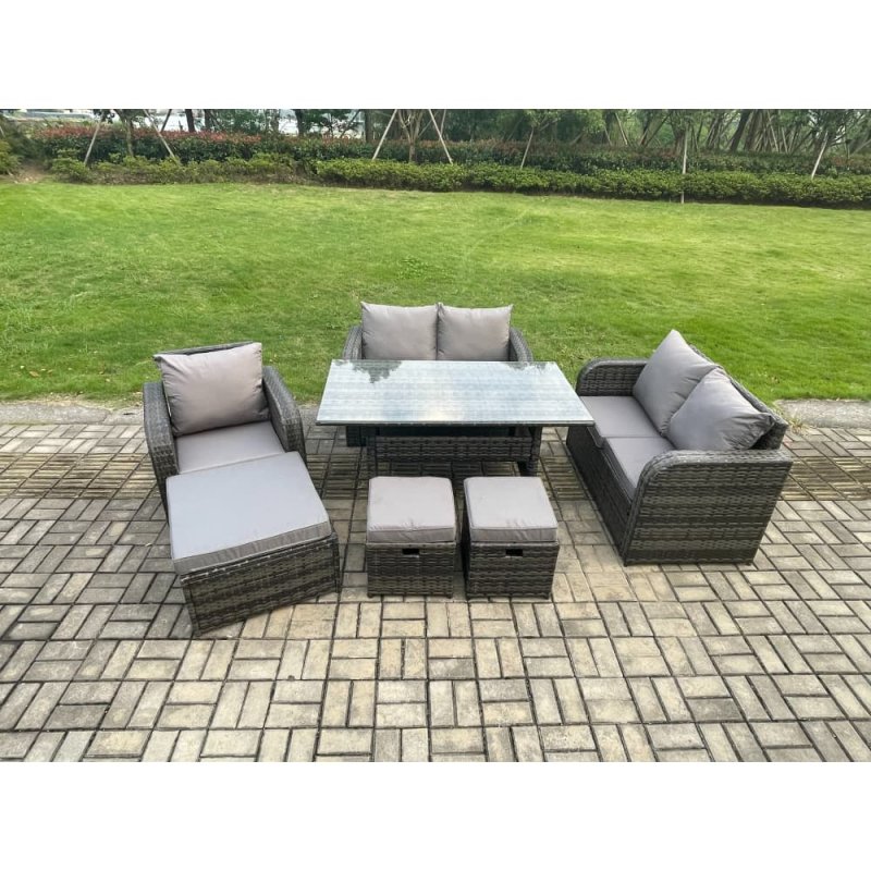 Fimous 8 Seater Lounge Rattan Sofa Set Outdoor Garden Furniture Oblong Rectangular Dining Table With Chairs 3 Footstools Dark Grey Mixed