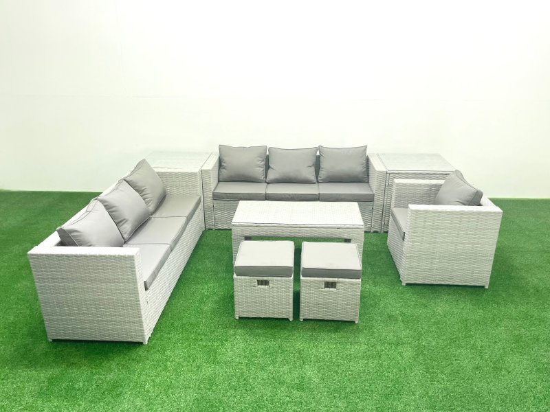 Fimous Wicker PE Rattan Sofa Garden Furniture Set with Oblong Coffee Table Armchair 2 Small Footstools 2 Side Tables Light Grey Mixed