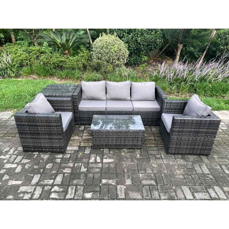 Fimous Rattan Garden Furniture Set with 3 Seater Sofa Coffee Table Side Table 2 Armchairs Indoor Outdoor Patio Lounge Sofa Set Dark Grey Mixed