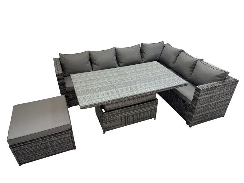 Fimous 7 Seater Rattan Height Adjustable Rising Lifting Table Corner Sofa Sets with Big Footstool Dark Grey Mixed