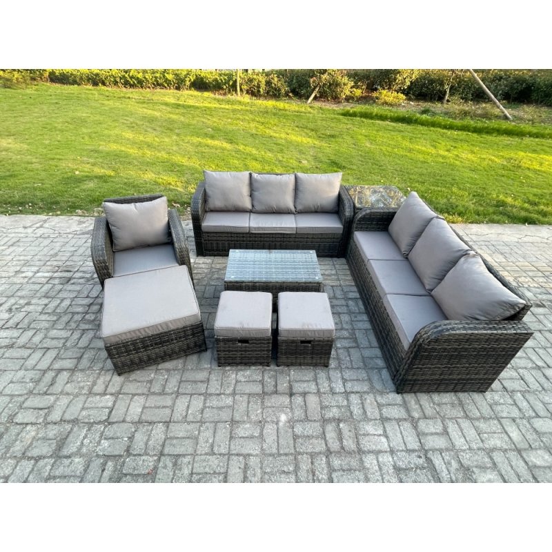 Fimous 10 Seater Rattan Lounge Sofa Set Outdoor Garden Furniture Set with Rectangular Coffee Table 3 Seater Sofa 3 Footstools Side Table Dark Grey Mixed