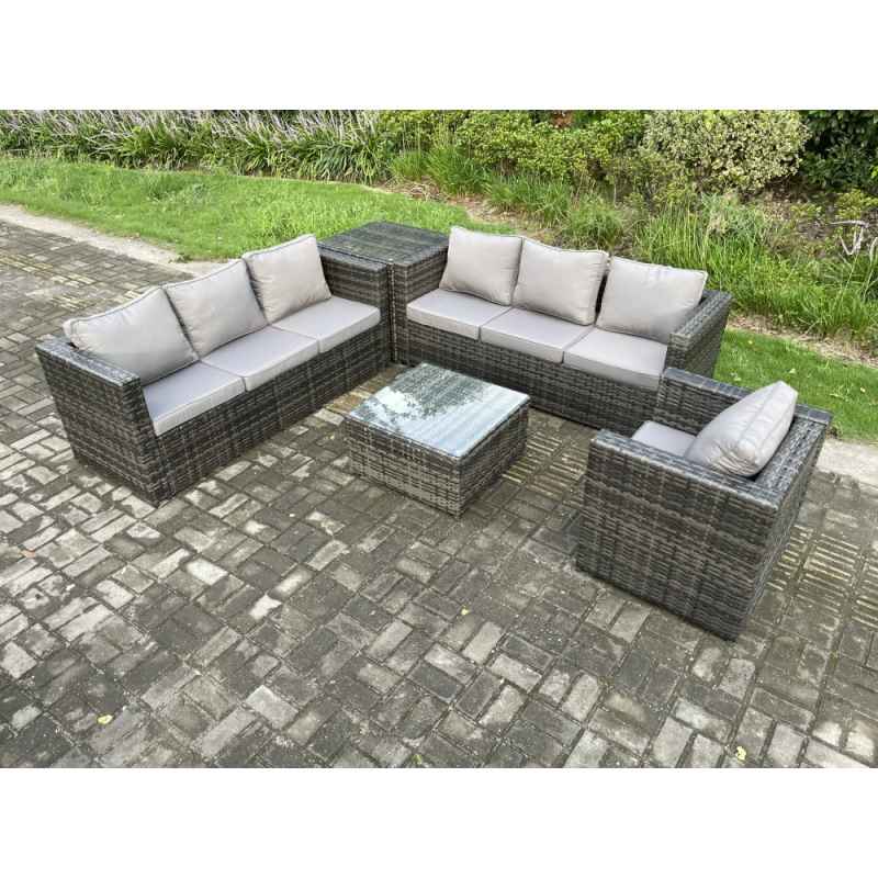Fimous Rattan Garden Furniture Sofa Set with Armchair Square Coffee Table Side Table Indoor Outdoor 7 Seater Rattan Set Dark Grey Mixed