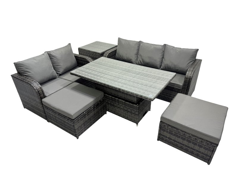 Fimous Rattan Garden Furniture Dining Set 7-seater Patio Height Adjustable Rising Lifting Table Sofa Set with Side Table Dark Grey Mixed