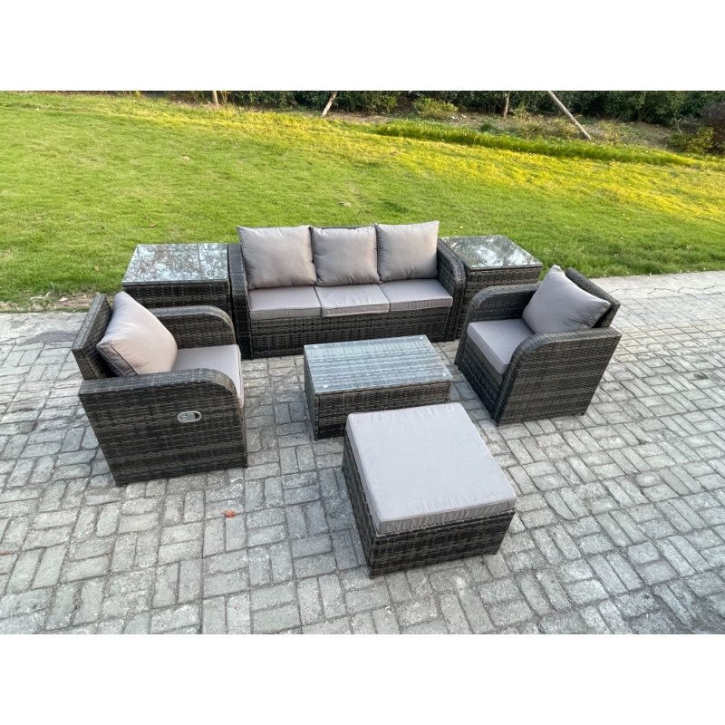 Fimous Outdoor Rattan Garden Furniture Set Patio Lounge Sofa Set with Reclining Chair Rectangular Coffee Table 2 Side Tables Big Footstools Dark Grey Mixed