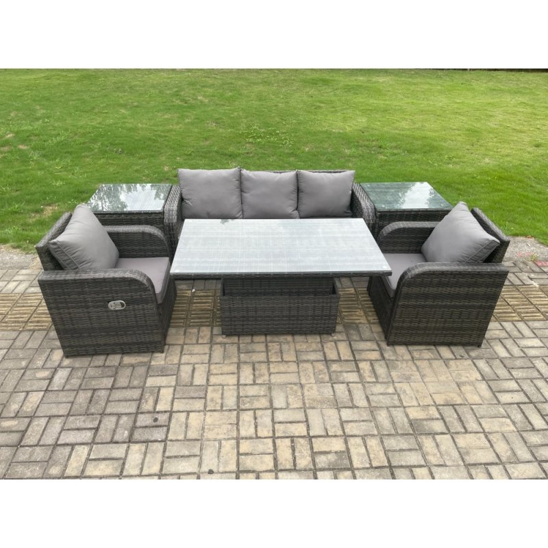 Fimous Outdoor Rattan Furniture Garden Dining Sets Height Adjustable Rising lifting Table Sofa Set With Chairs Side Tables