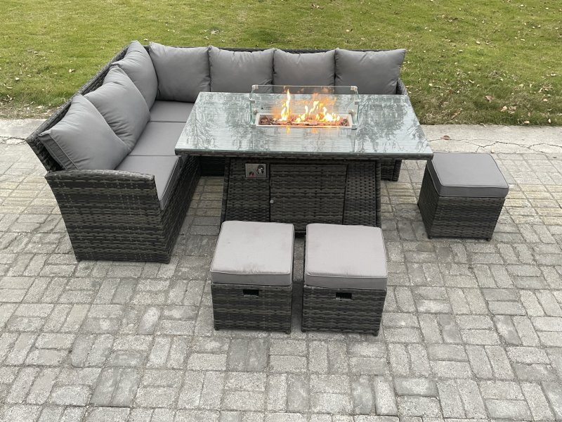 Fimous Rattan Garden Furniture High Back Corner Sofa Gas Fire Pit Dining Table Sets Gas Heater with 3 Small Footstools 9 Seater Dark Grey Mixed