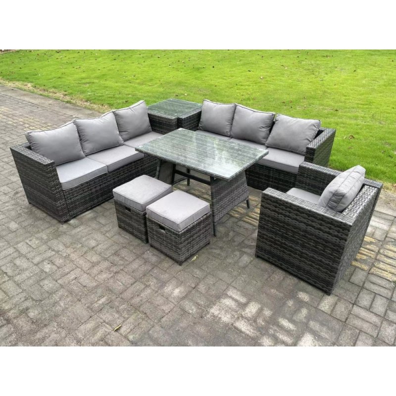Fimous 9 Seater Rattan Outdoor Furniture Sofa Garden Dining Set with Dining Table Armchair Side Table 2 Small Footstools Dark Grey Mixed