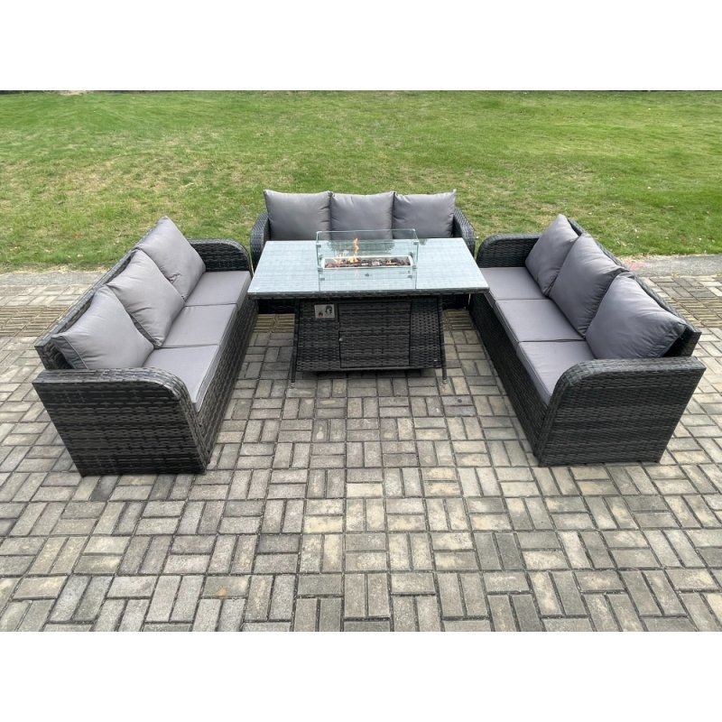 Fimous Rattan Garden Furniture Set with Fire Pit Table 4 Pieces Outdoor Lounge Sofa Set Dark Grey Mixed