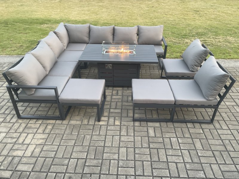 Fimous Aluminium 11 Seater Lounge Corner Sofa Outdoor Garden Furniture Sets Gas Fire Pit Dining Table Set with 2 Big Footstools Dark Grey