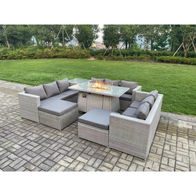 Fimous 11 Seater Outdoor Garden Dining Sets Rattan Furniture Gas Fire Pit Dining Table Gas Heater with Side Table 2 Big Footstools Light Grey