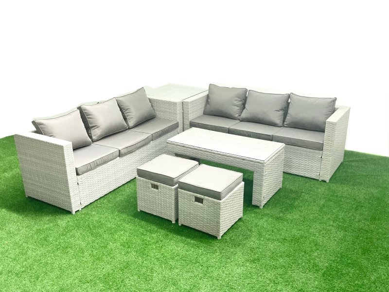Fimous 8 Seater Garden Outdoor Rattan Furniture Set Rattan Garden Sofa Oblong Coffee Table with 2 Small Footstool Side Table Light Grey Mixed