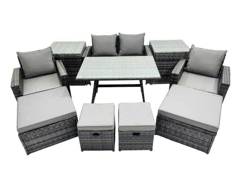 Fimous 8 Seater Wicker PE Rattan Furniture Outdoor Dining Table Double Seat Sofa 2 Side Tables 4 Stools Set Dark Grey Mixed