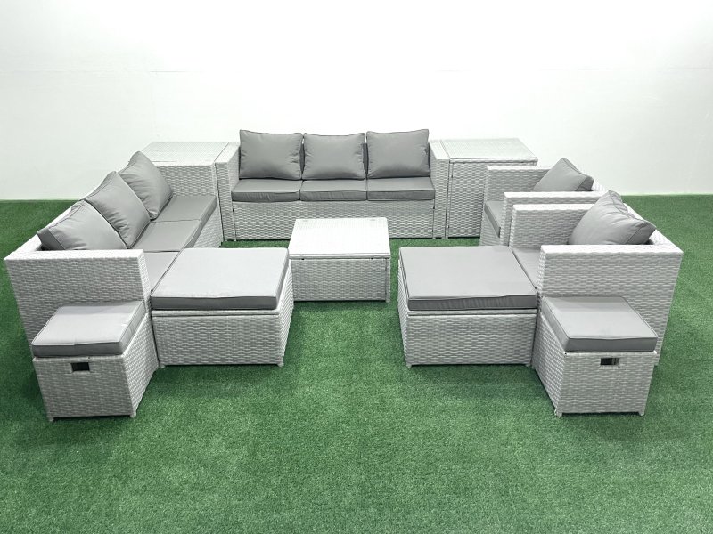 Fimous Garden Outdoor Furniture Set 12 Seater Rattan Sofa Set with 4 Footstools 2 Side Tables Light Grey Mixed