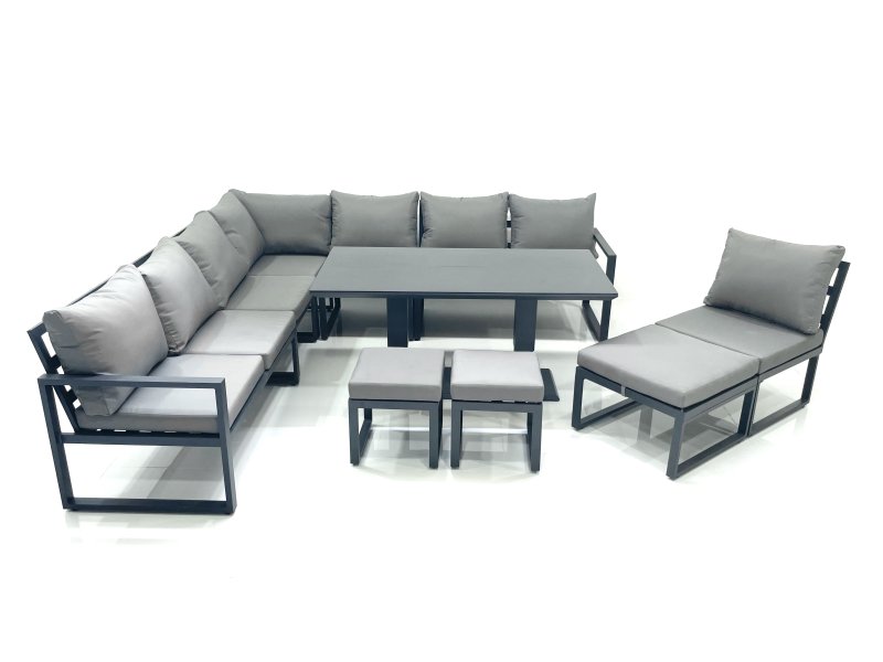Fimous 11 Seater Outdoor Aluminum Garden Furniture Set Corner Sofa 3 Footstools Rising Lifting Dining Table Sets Dark Grey