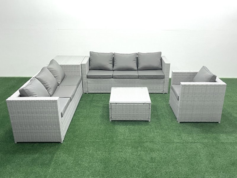 Fimous Wicker PE Rattan Sofa Garden Furniture Set with Armchair Square Coffee Table Side Table Light Grey Mixed