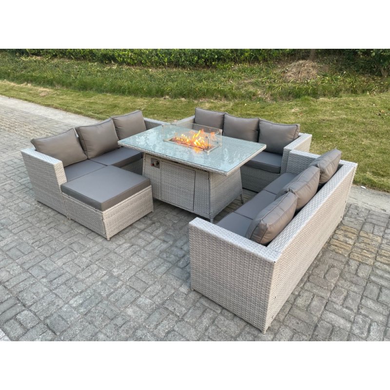 Fimous Light Grey U Shape Lounge Sofa Dining Set With Gas Fire Pit Rattan Garden Furniture Set Heater Burner Big Footstool