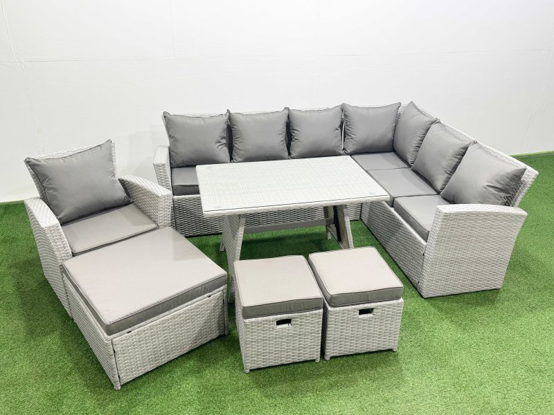 Fimous 10 Seater Garden Outdoor Rattan Furniture Set Rattan Corner Sofa Oblong Dining Table with Armchair 2 Small Footstools Light Grey Mixed