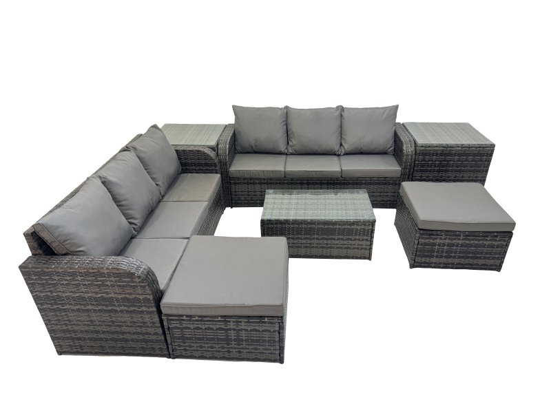 Fimous Outdoor 3 Seater Sofa Coffee Table Set Garden Rattan Furniture Set 8 Seater with 2 Big Stool 2 Side Tables Dark Grey
