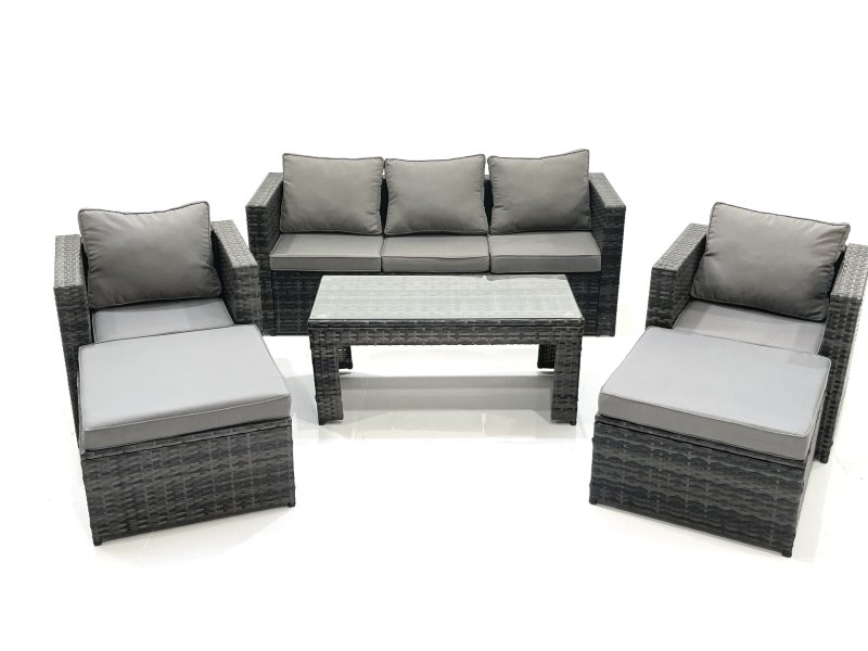 Fimous 7 Seater Rattan Garden Furniture Set Outdoor Lounger Sofa with Coffee Table 2 Armchair 2 Big Footstools Dark Grey Mixed