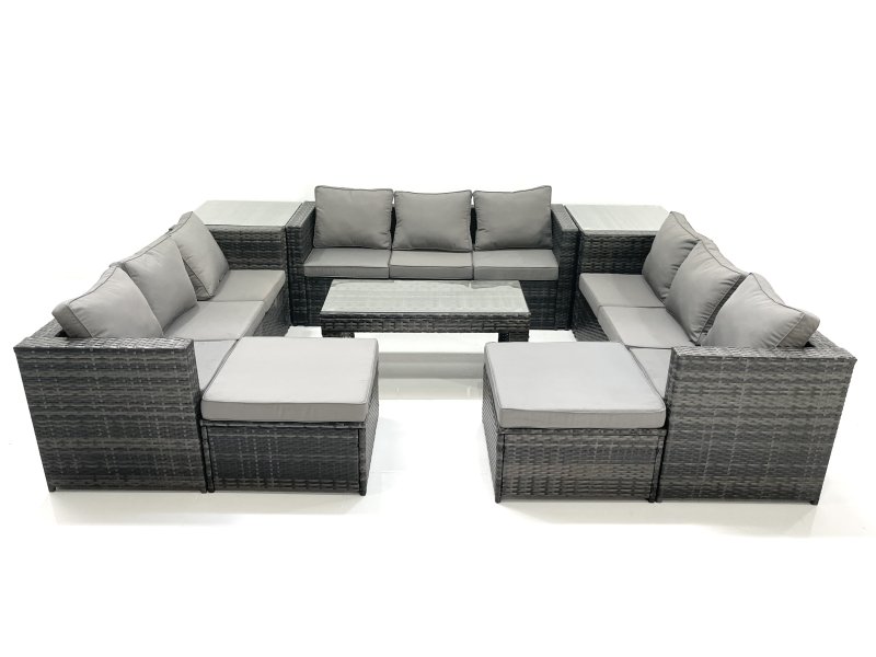 Fimous Outdoor Garden Furniture Set 8 Pieces Rattan Sofa Set with Coffee Table 2 Big Footstools Side Table Dark Grey Mixed