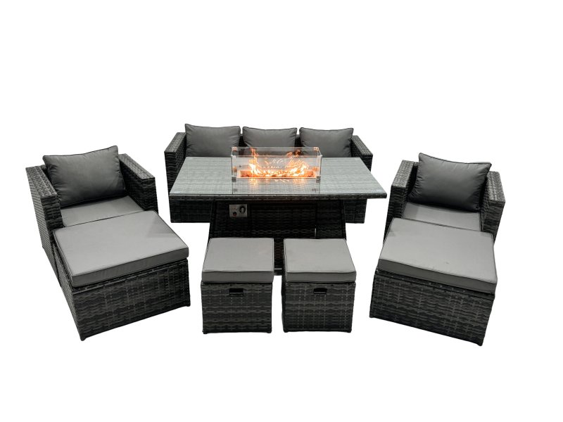 Fimous Rattan Garden Furniture Firepit Dining Set 9 Seater Lounge Sofa Table Set with 2 big Footstool