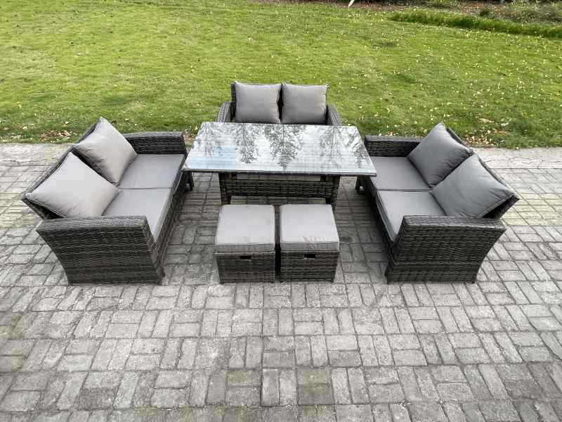 Fimous Wicker PE Rattan Garden Furniture Sets Outdoor Lounge Sofa Set with Oblong Dining Table Double Seat Sofa 2 Small Footstools Dark Grey Mixed
