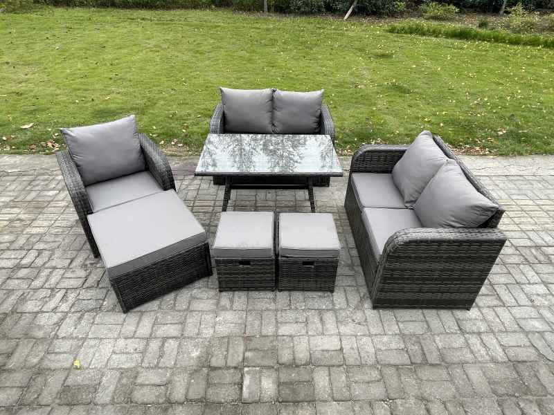 Fimous 8 Seater Outdoor Garden Dining Sets Rattan Furniture With Dining Table Armchairs Love Sofa 3 Footstools Dark Grey Mixed