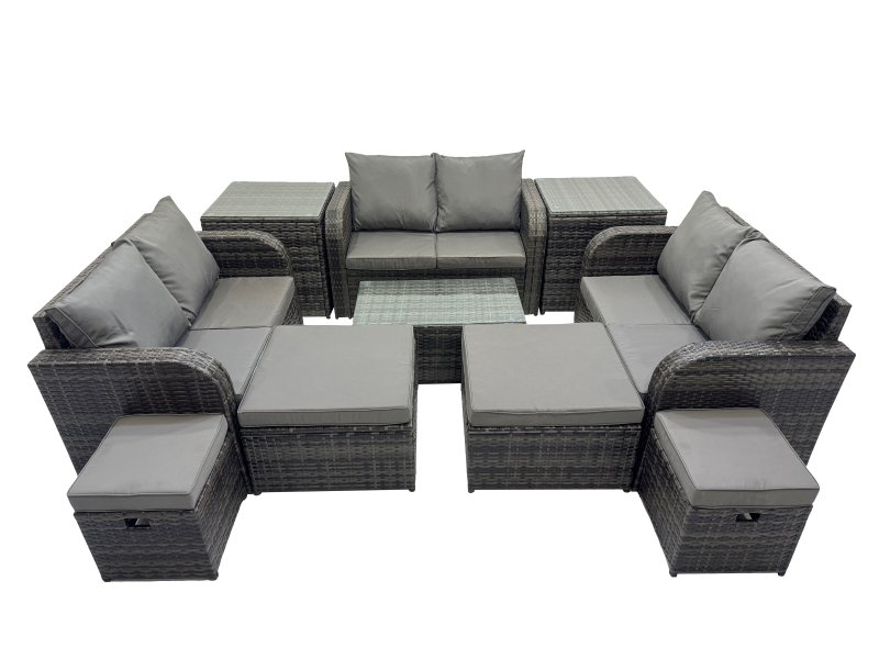 Fimous Outdoor Love Sofa Coffee Table Set Garden Rattan Furniture Set 10 Seater with 4 Stools 2 Side Tables Dark Grey