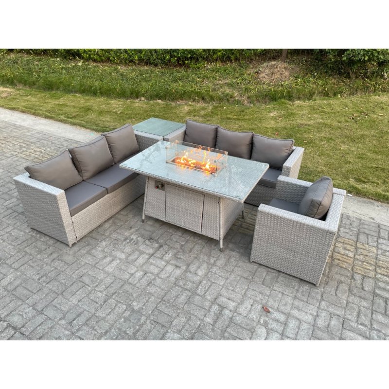 Fimous Light Grey Corner Rattan FirePit Garden Furniture Set Gas Heater Burner Lounge Sofa With Side Coffee Table And Chair