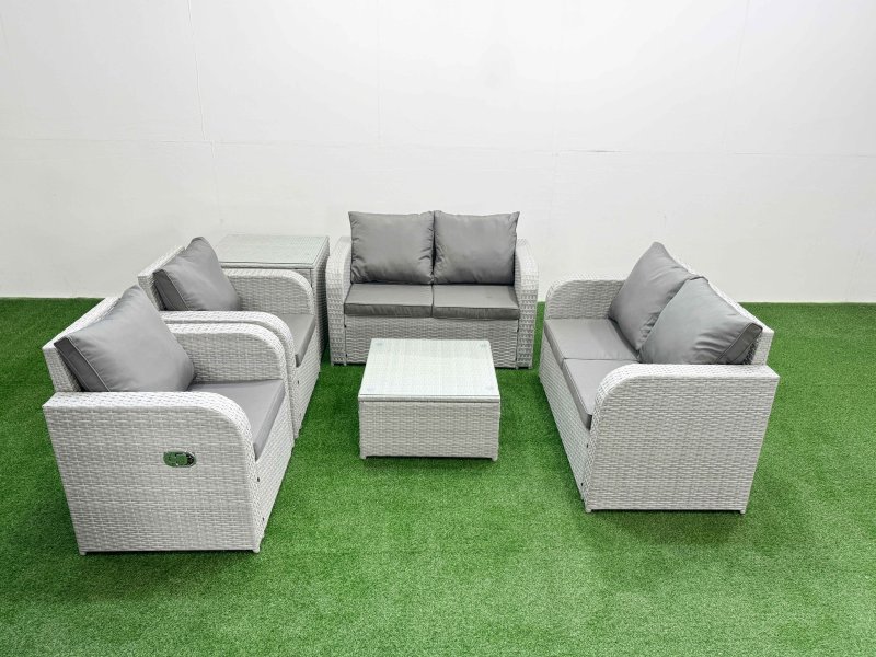 Fimous 6 Seater Outdoor Reclining Chair Love Sofa Set Rattan Garden Furniture Set with Square Coffee Table Side Table Light Grey
