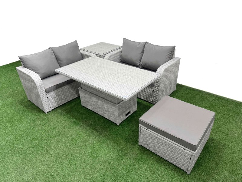 Fimous 5 Seater Outdoor Love Sofa Set Rattan Garden Furniture Set with Adjustable Lifting Dining or Coffee Table Big Footstool Side Table Light Grey