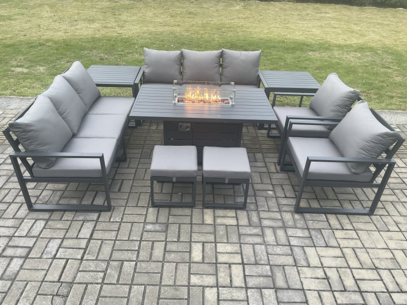 Fimous Aluminium Outdoor Garden Furniture Set Patio Lounge Sofa Gas Fire Pit Dining Table Set with 2 Small Footstools 2 Side Tables Dark Grey