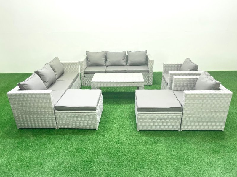 Fimous Outdoor Garden Furniture Rattan Sofa Set with 2 Armchairs Oblong Coffee Table 2 Big Footstools Light Grey Mixed