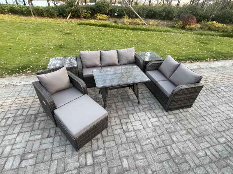 Fimous 7 Seater Outdoor Rattan Garden Furniture Set Patio Lounge Sofa Set with Dining Table 2 Side Tables Big Footstool Dark Grey Mixed