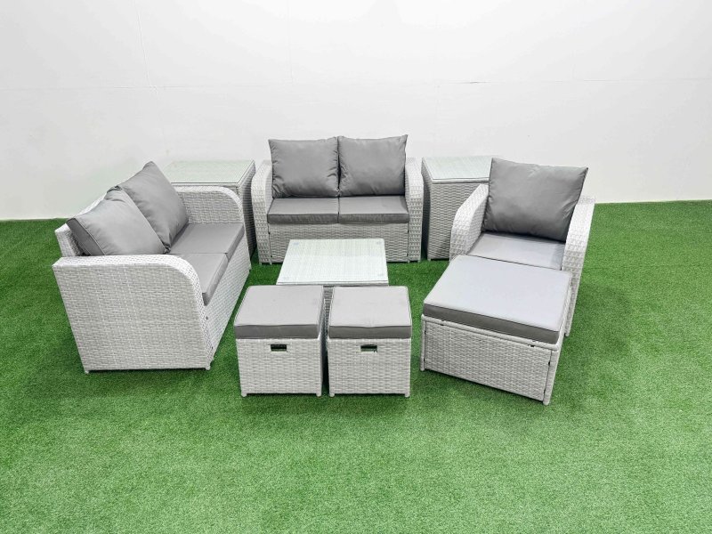 Fimous High Back Poly Rattan Garden Furniture Set with Reclining Chair Loveseat Sofa Square Coffee Table Indoor Outdoor Patio Set 3 Stools 2 Side Table Light Grey