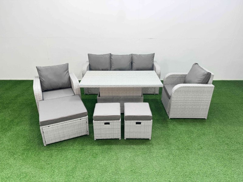 Fimous PE Rattan Garden Furniture Set Reclining Chair Sofa Lounge Sofa Set Adjustable Lifting Dining or Coffee Table 3 Stools Light Grey