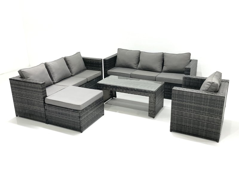 Fimous Rattan Garden Furniture Set Outdoor 8 Seater Patio Conversation Sets with Glass Top Coffee Table