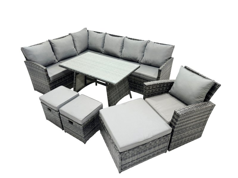 Fimous 10 Seat Poly Rattan Outdoor Patio Oblong Dining Table Corner Sofa Set with 3 Stool Chair for Garden Backyard Dark Grey Mixed