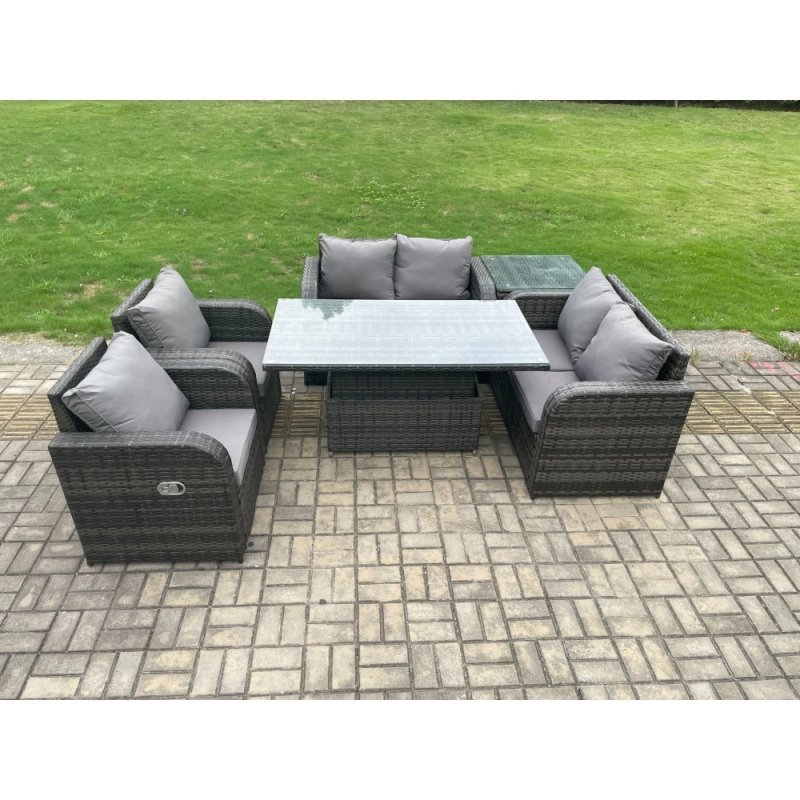 Fimous Rattan Furniture Outdoor Garden Dining Set Patio Height Adjustable Rising lifting Table Love Sofa Chair With Side Table