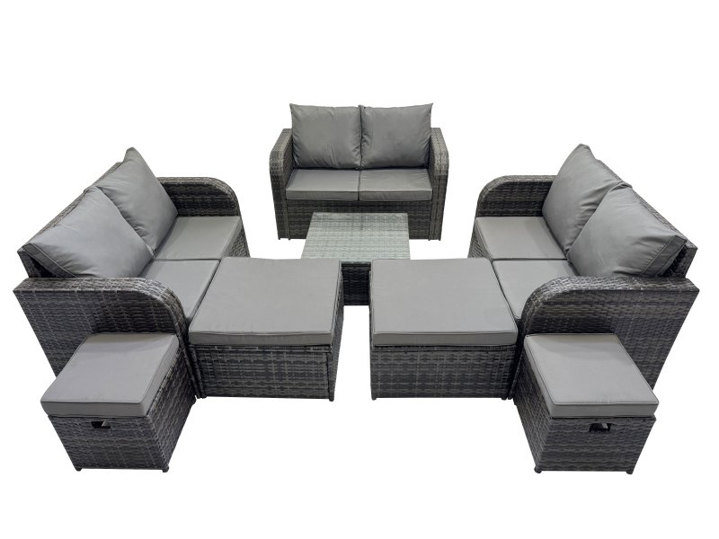 Fimous Rattan Garden Outdoor Furniture Set Love Sofa Square Coffee Table Set with 4 Stools Dark Grey Mixed