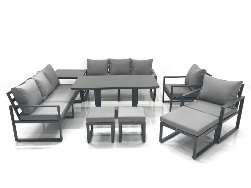 Fimous Garden Sofa Set Aluminium Furniture Rising Dining Tabe Set with 2 Chair 3 Footstools Side Table Dark Grey
