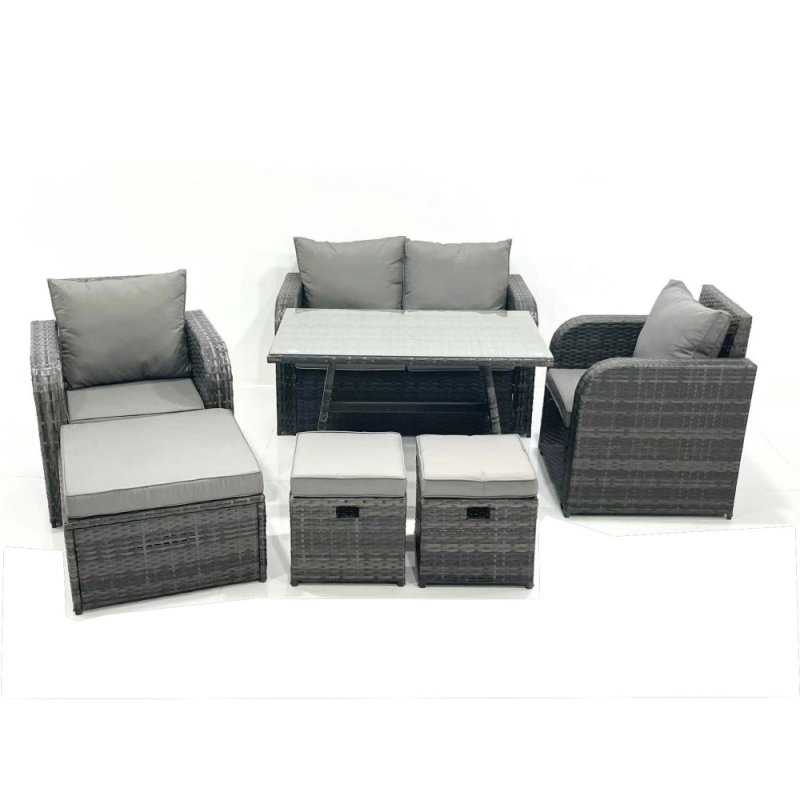 Fimous Outdoor Garden Furniture Set Rattan Sofa Dining Table Set with Reclining Chair 3 Footstool Dark Grey Mixed