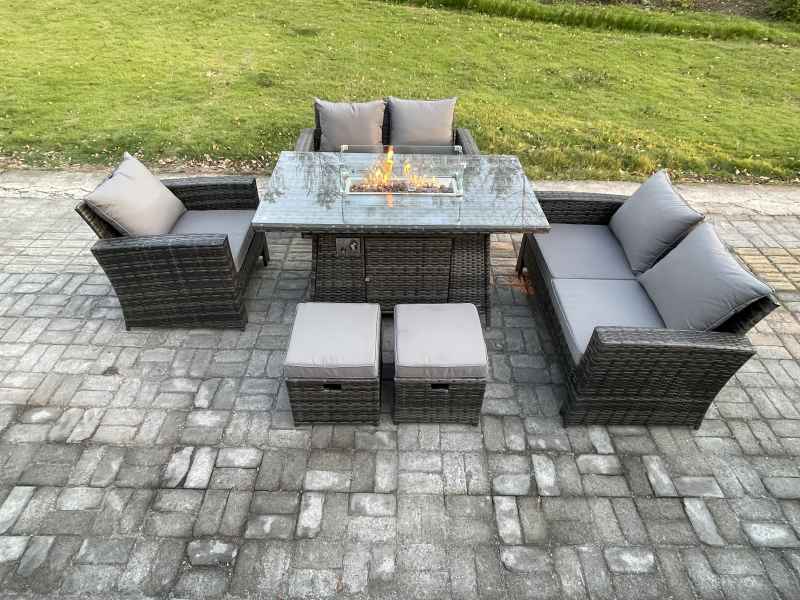 Fimous 7 Seater Rattan Outdoor Garden Furniture Gas Fire Pit Table Sets Gas Heater with Love Sofa Armchair 2 Small Footstools Dark Mixed Grey