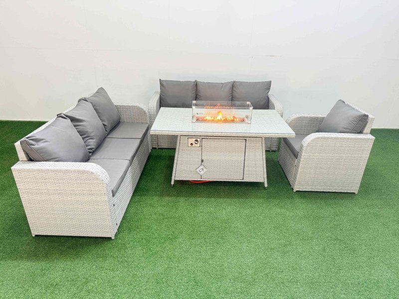 Fimous 7 Seater Poly Rattan Outdoor Garden Furniture Firepit Dining Table Sofa Set Patio 3 Seater Sofa Reclining Chair 3 Seater Sofa Light Grey