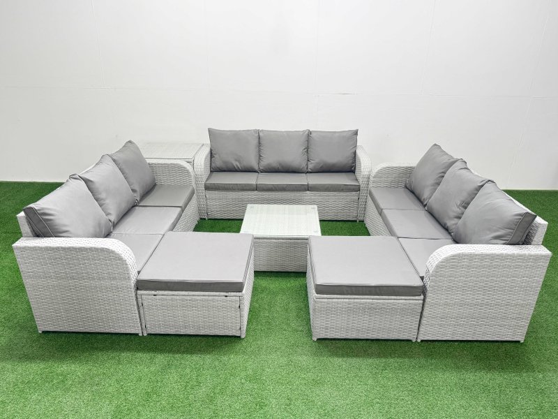 Fimous PE Rattan Lounge Sofa Set 11 Seater Outdoor Garden Furniture Set with Square Coffee Table 3 Seater Sofa 2 Big Footstools Side Table Light Grey
