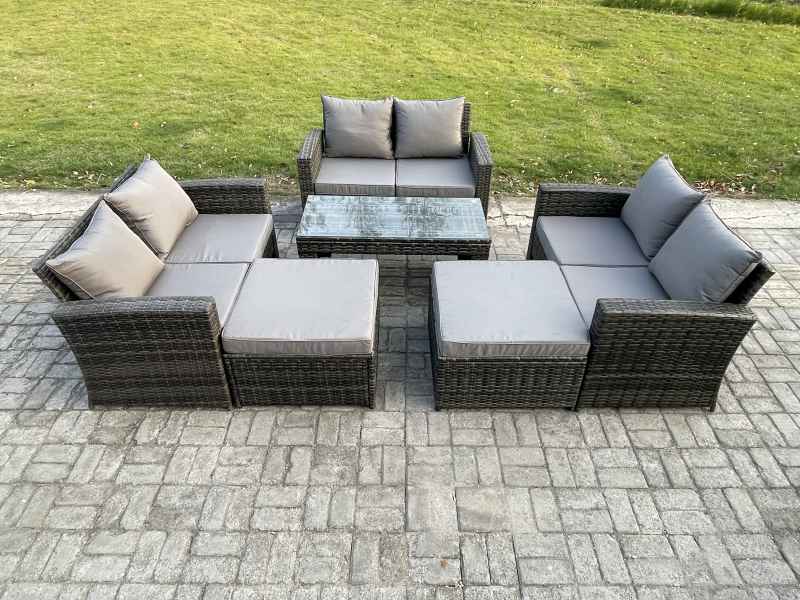 Fimous 8 Seater High Back Rattan Garden Furniture Sofa Sets with Rectangular Coffee Table 2 Big Footstool Dark Grey Mixed