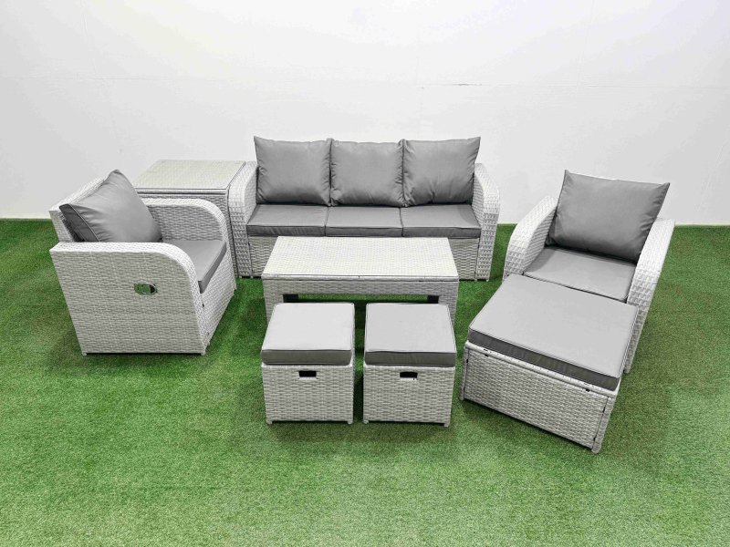 Fimous PE Rattan Garden Furniture Set Reclining Chair Sofa Lounge Sofa Set Rectangular Coffee Table Side Table 3 Stools Light Grey